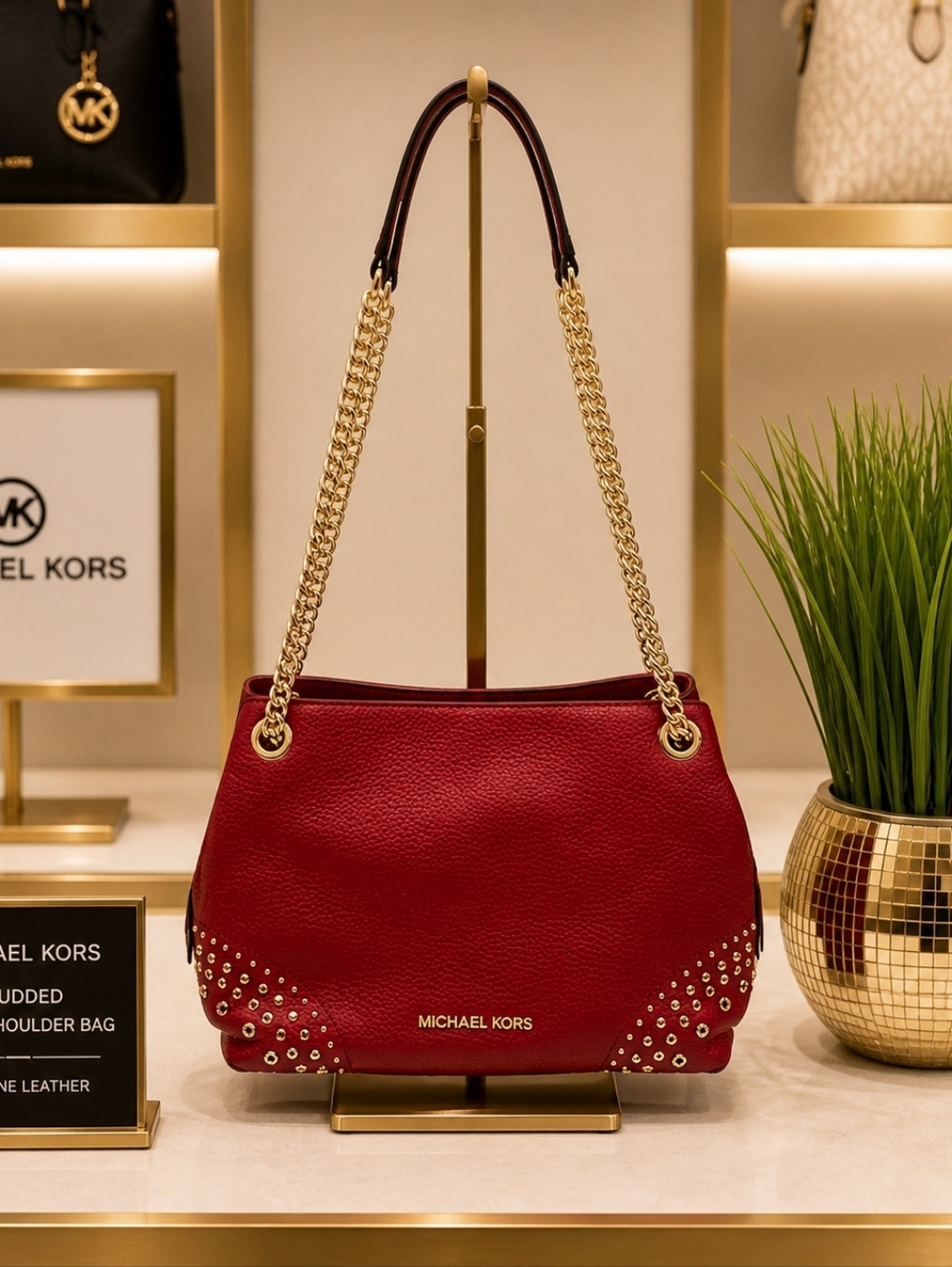 MICHAEL KORS RED FALL BAG JET SET MULBERRY GOLD STUD CHAIN SHOULDER PURSE‎